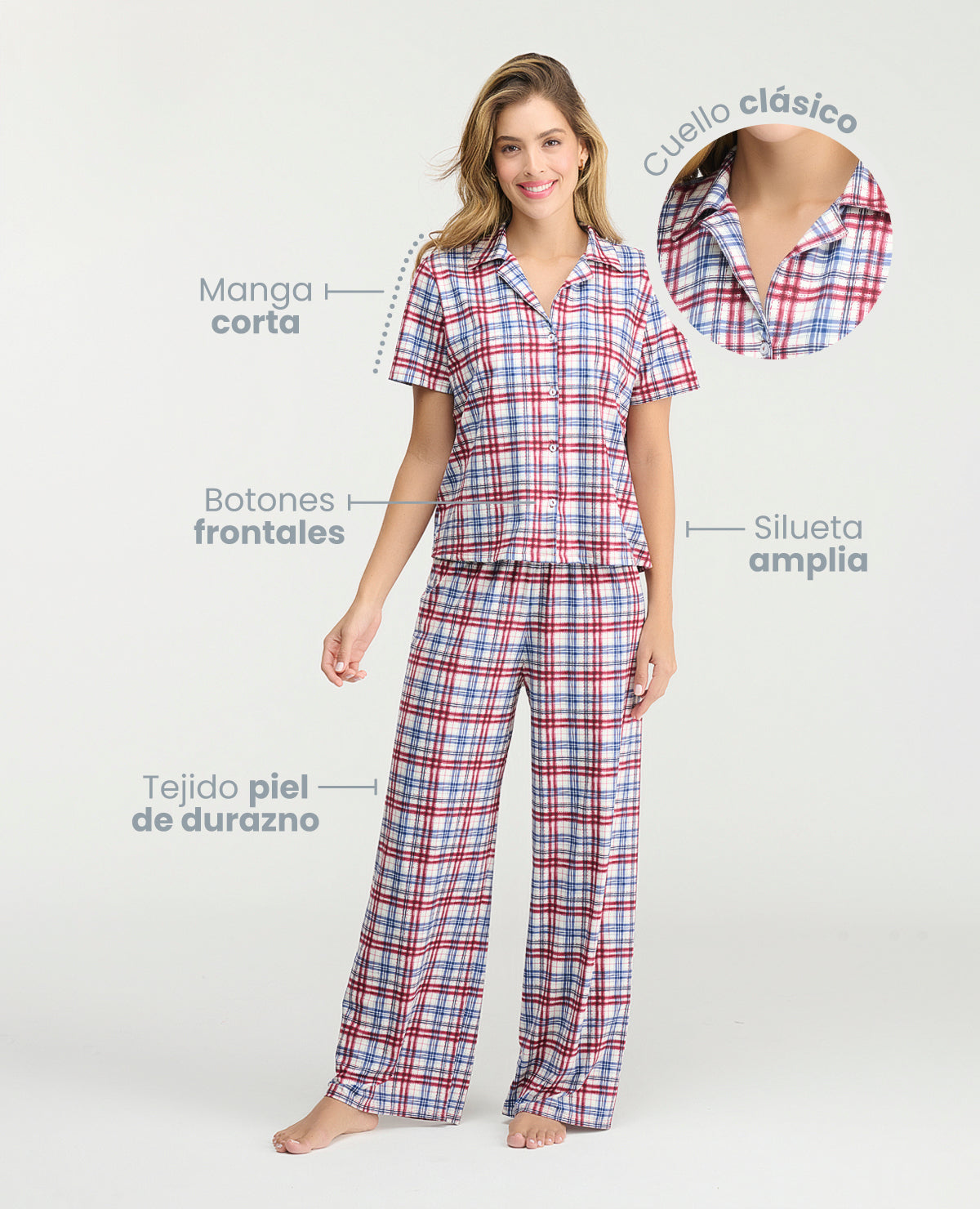 Pijama de pantalón y camisa manga corta a cuadros rojos y azules con detalle de botones y tejido piel de durazno suave.