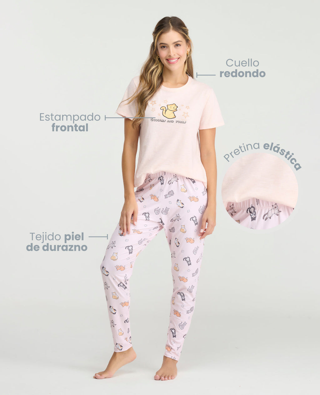Pijama para mujer St Even: camiseta rosada cuello redondo con estampado y pantalón ajustado en tejido piel de durazno.