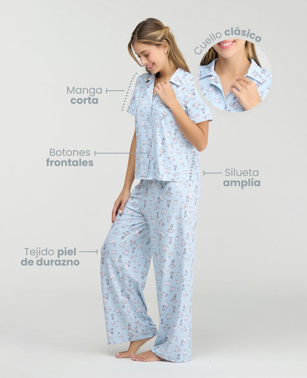 Pijama de mujer azul en piel de durazno con estampado de perros, camisa de botones manga corta y pantalón.