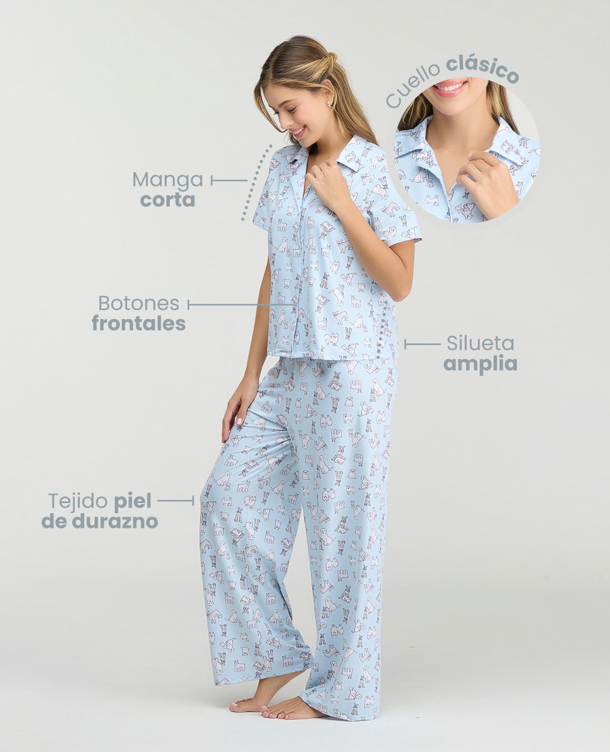 Pijama de mujer azul en piel de durazno con estampado de perros, camisa de botones manga corta y pantalón.