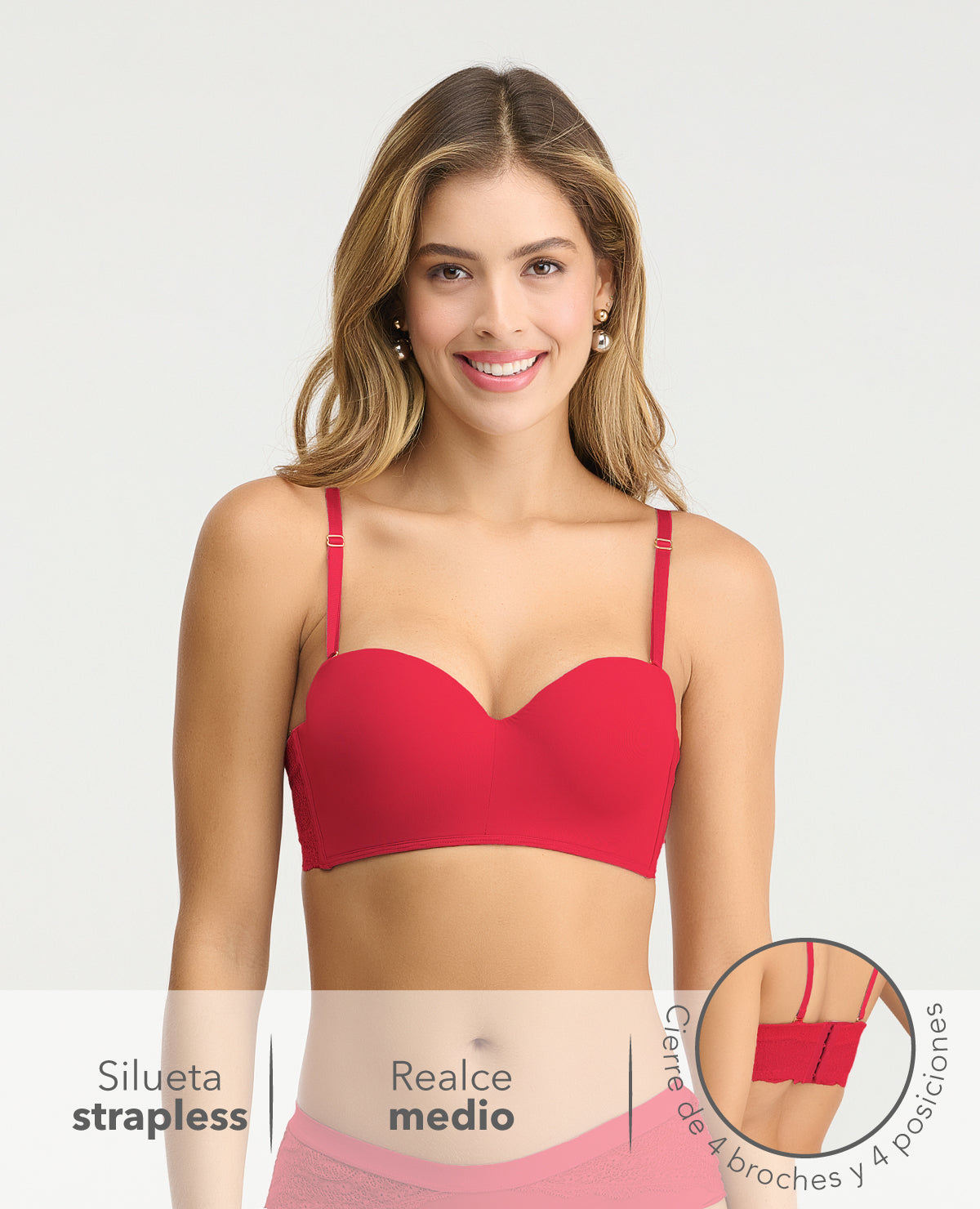 Brasier rojo strapless de realce medio y cargaderas removibles con detalle de espalda en encaje y 4 broches.