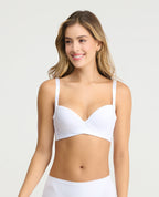 Brasier blanco de realce natural con cobertura media, cargaderas ajustables y detalle cruzado en la base frontal.