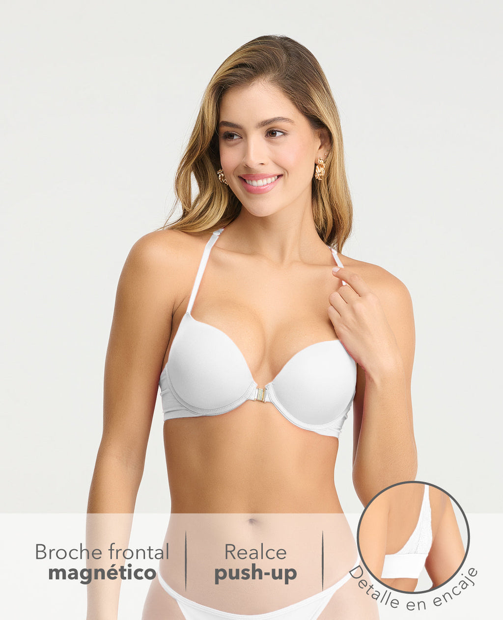 Brasier blanco con doble realce, broche frontal magnético y detalle de encaje en espalda de St. Even Colombia.