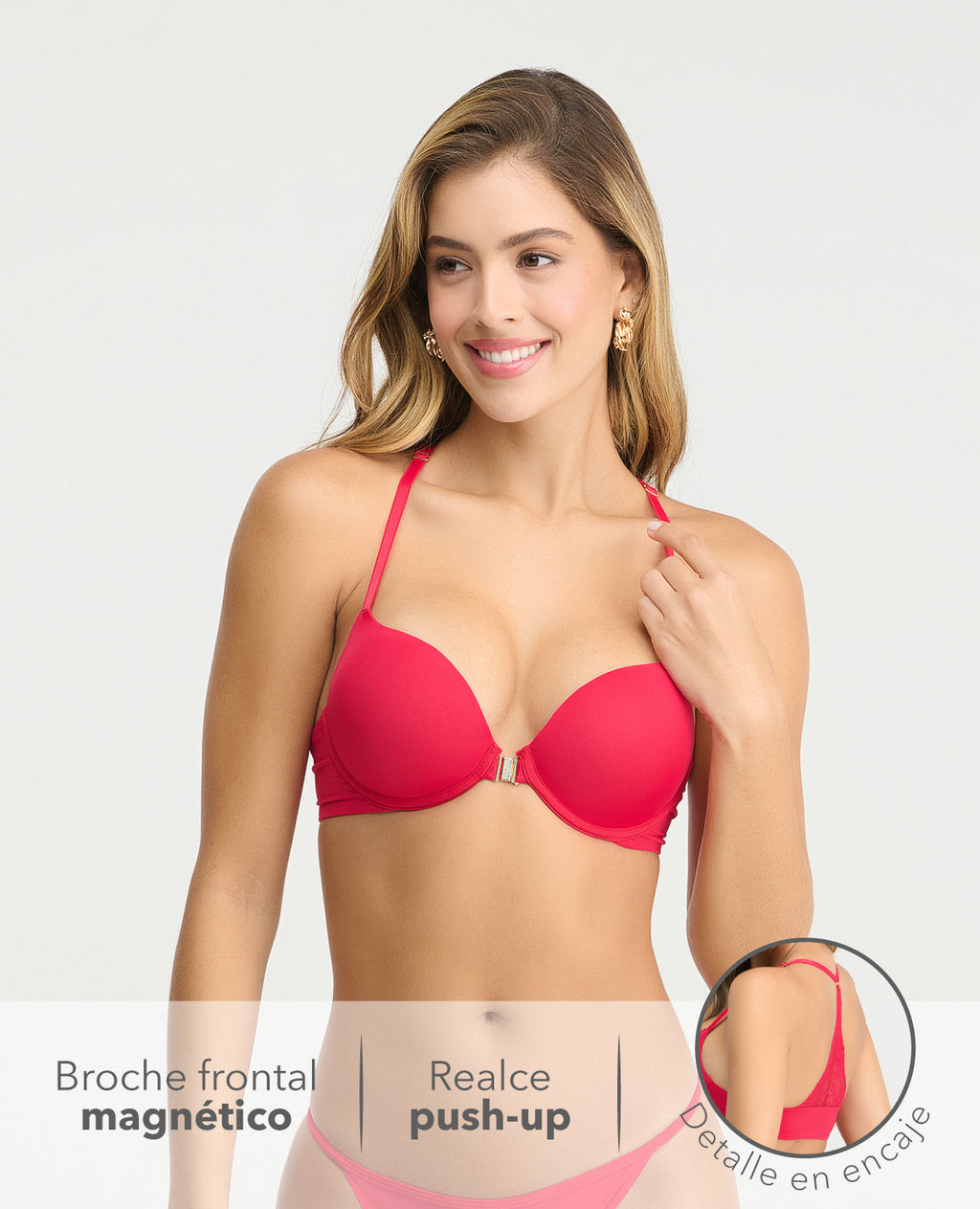 Brasier rojo doble realce push-up con abrochadura frontal magnética y detalle de encaje en la espalda.