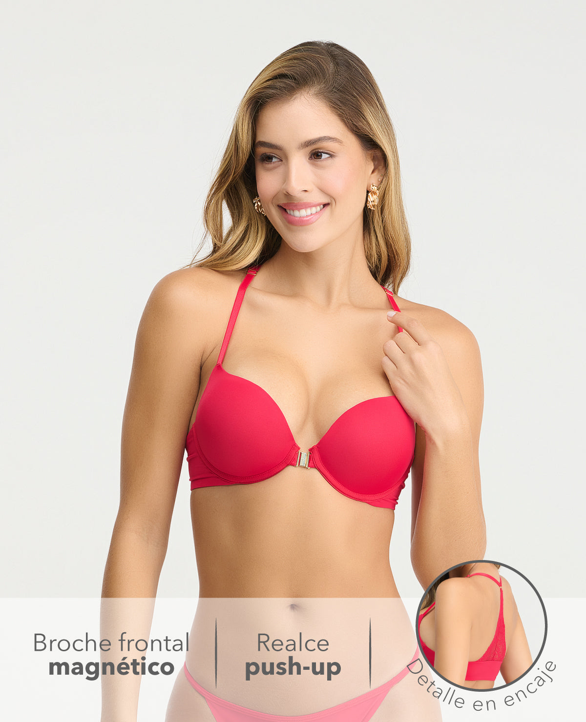 Brasier rojo doble realce push-up con abrochadura frontal magnética y detalle de encaje en la espalda.