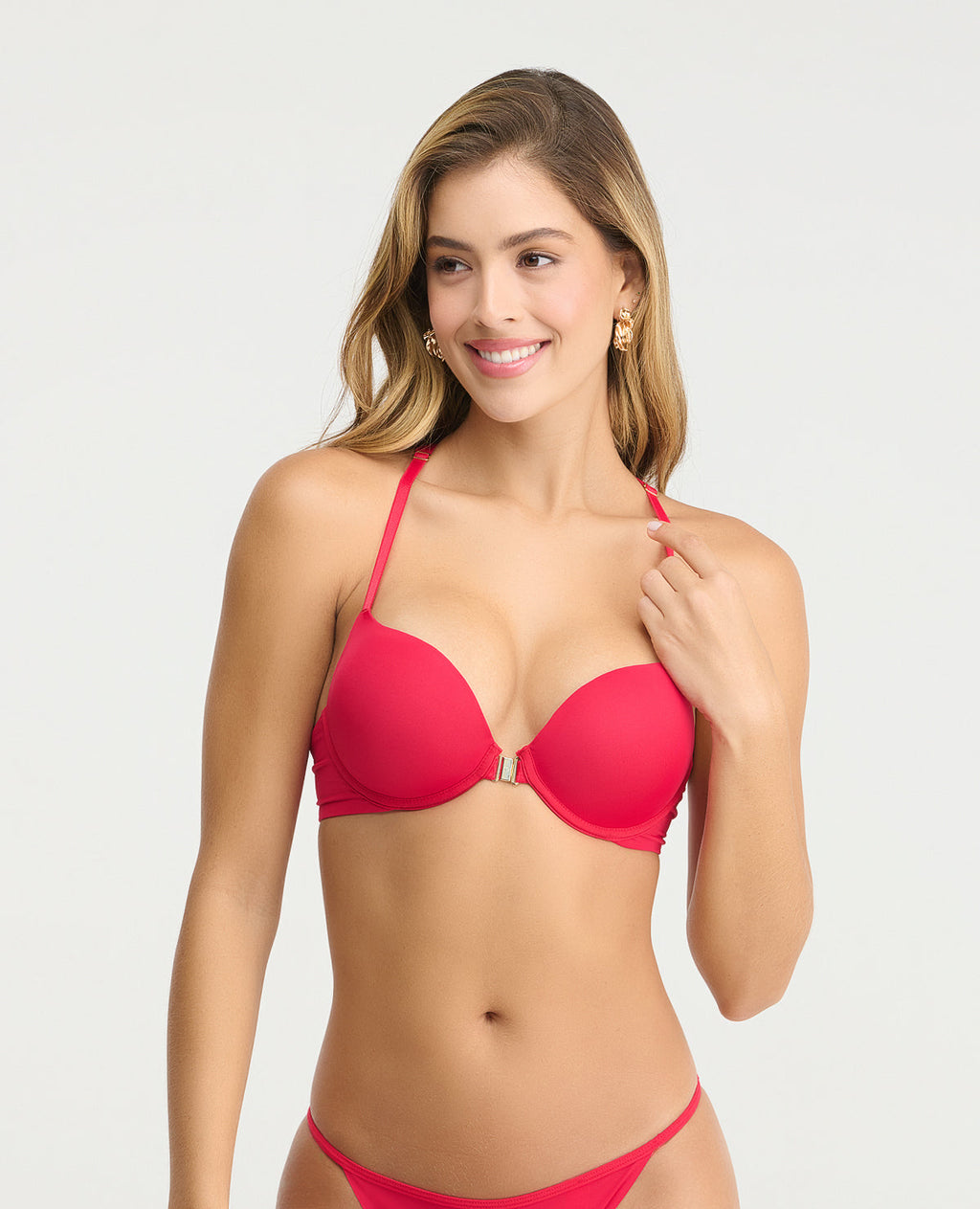Brasier push up rojo de doble realce con abrochadura frontal magnética y cargaderas ajustables para mujer.
