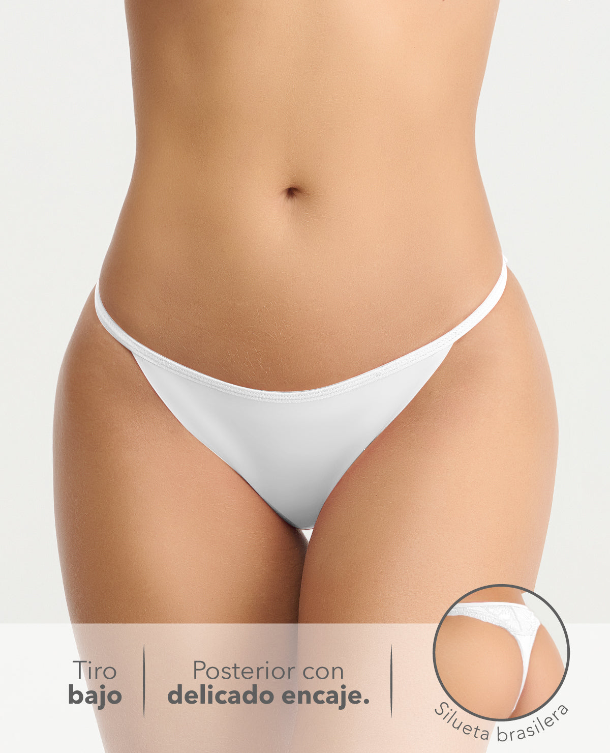 Panty brasilera blanca St. Even de tiro bajo, con elástico delgado y detalle posterior en encaje.