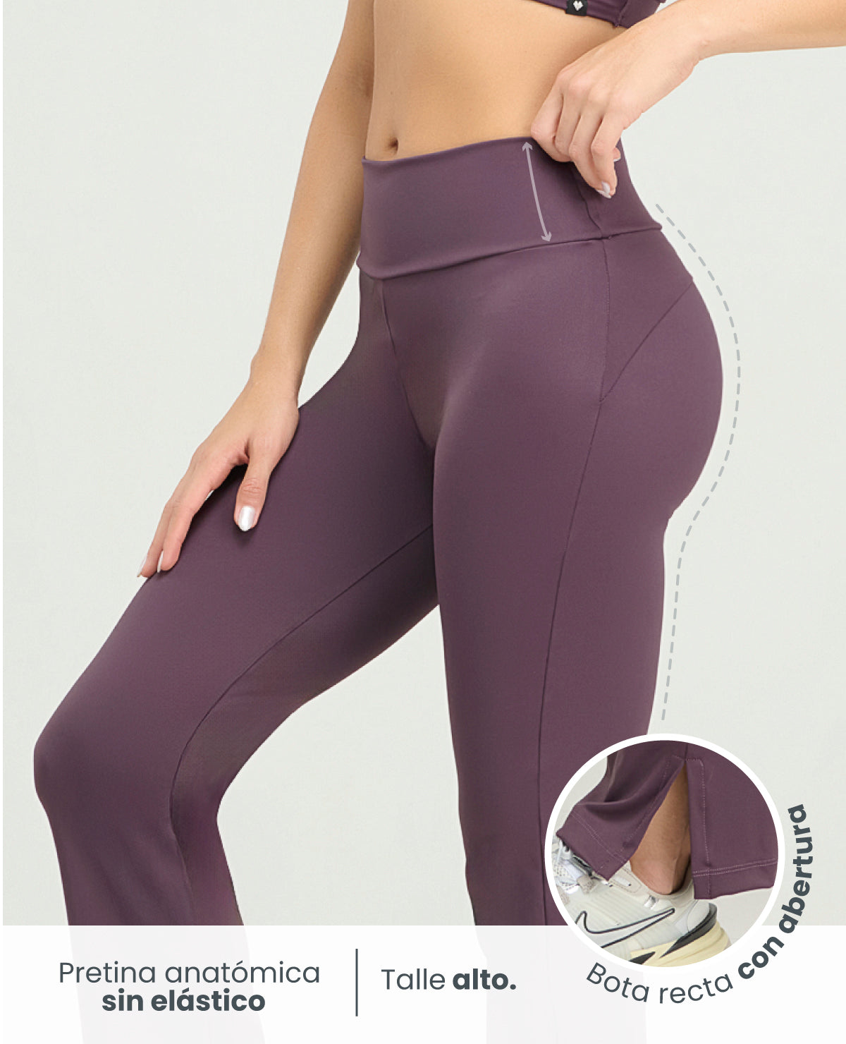 Leggings deportivos color uva de talle alto con pretina anatómica y bota recta con abertura para mujer.