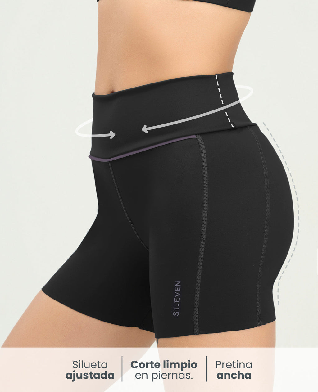 Short deportivo ciclista negro para mujer con pretina ancha, silueta ajustada y corte limpio en piernas.