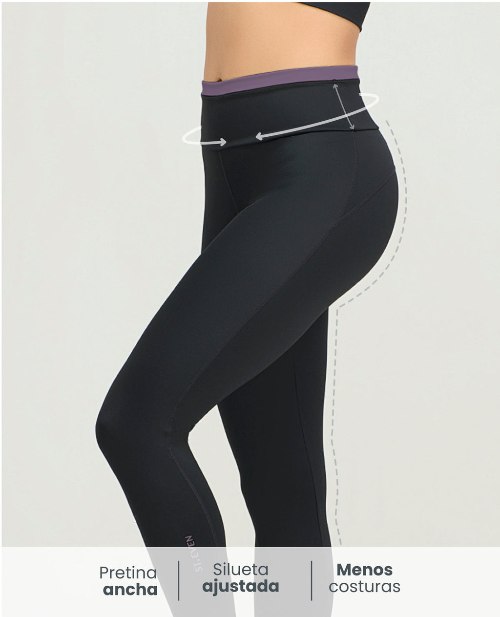 Vista lateral de leggins deportivos para mujer en color negro con pretina ancha, talle alto y silueta ajustada para gym.