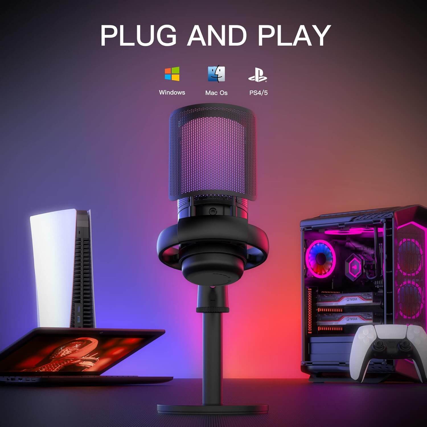 Micrófono USB Gamer RGB, Compatible Con PC/PS4/PS5/Mac