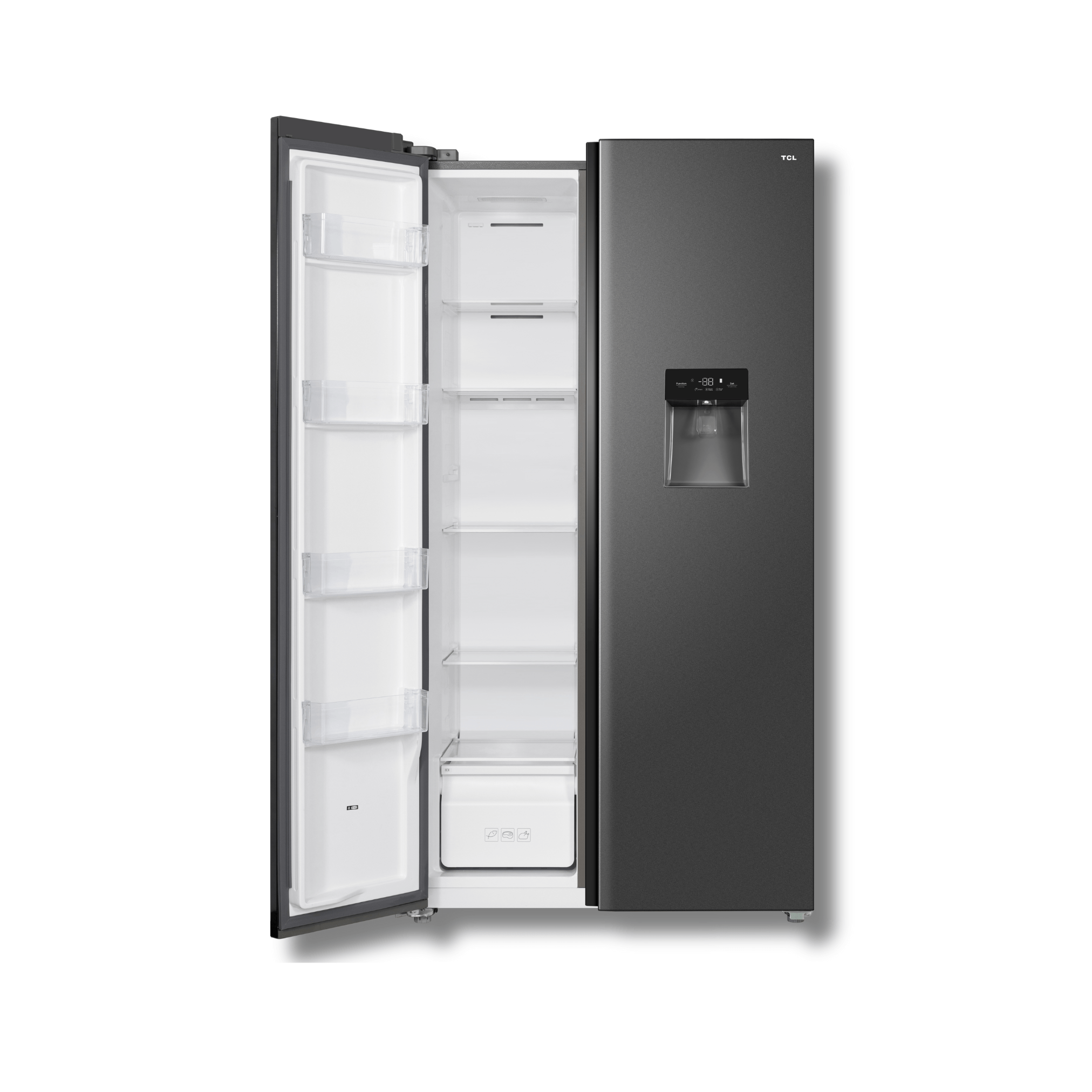 Nevera Side by Side TCL P520SBC 18 Pies Cúbicos Inverter Dispensador de Agua Gris Oscuro