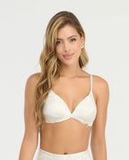 Brasier de baño color ivory con copas fijas y realce natural. Top con estampado botánico y base elástica ajustable.