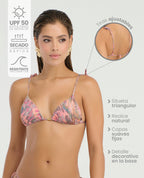 Top de baño triangular con estampado rosa y gris, realce natural y tiras ajustables. Protección UPF 50 y secado rápido.