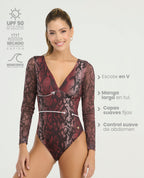 Vestido de baño entero manga larga en tul con estampado animal, escote en V y control de abdomen para mujer.