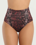 Panty de baño tiro alto con control de abdomen, diseño drapeado frontal y estampado animal en tonos borgoña y negro.
