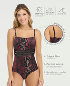 Vestido de baño entero con control de abdomen, estampado animal print rojo y detalle de malla, con cargaderas ajustables.