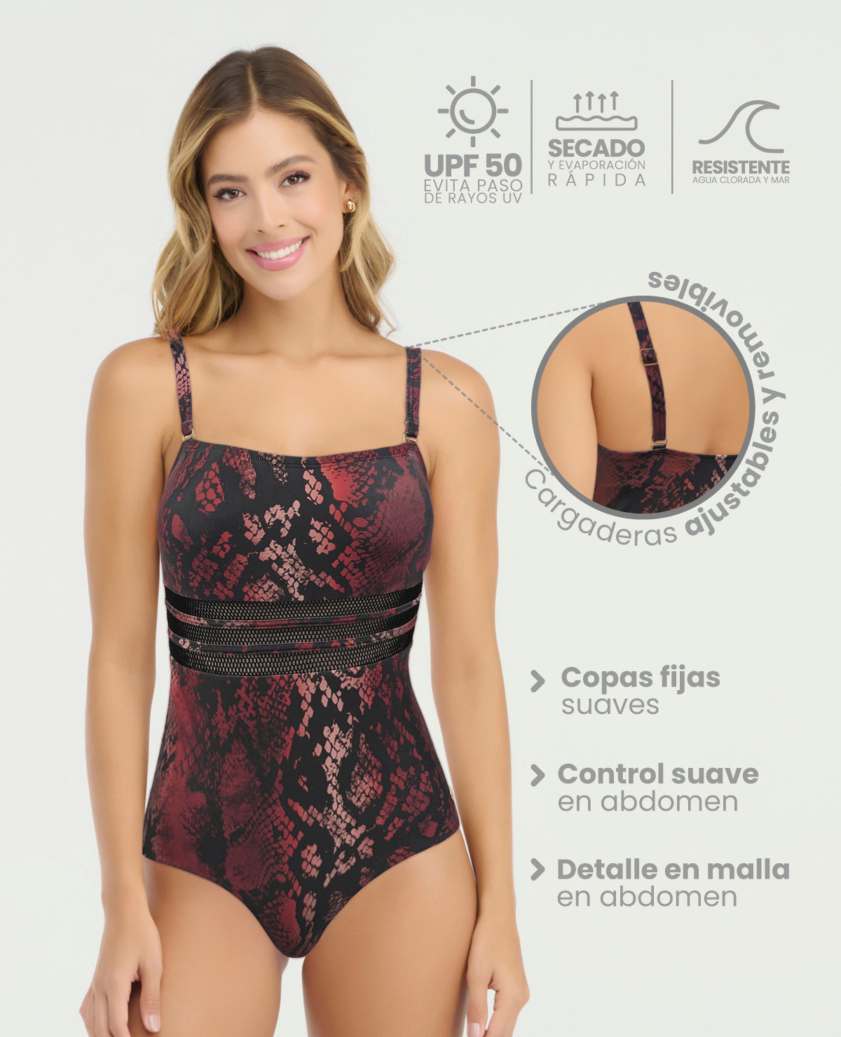 Vestido de baño entero con control de abdomen, estampado animal print rojo y detalle de malla, con cargaderas ajustables.