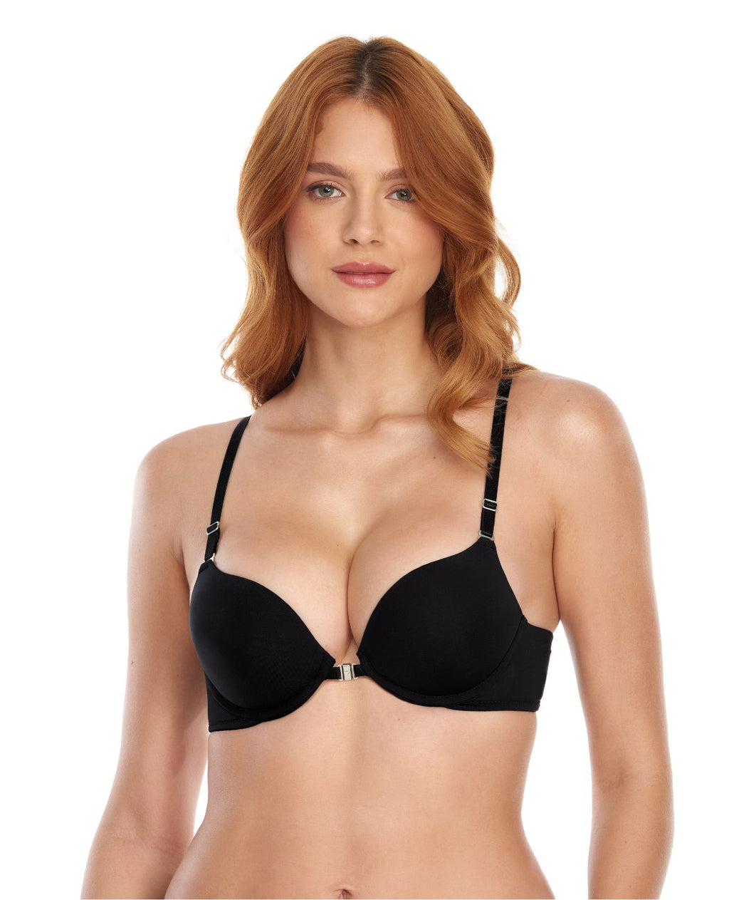 Brasier push up negro con realce alto, broche frontal magnético y escote profundo en modelo pelirroja.