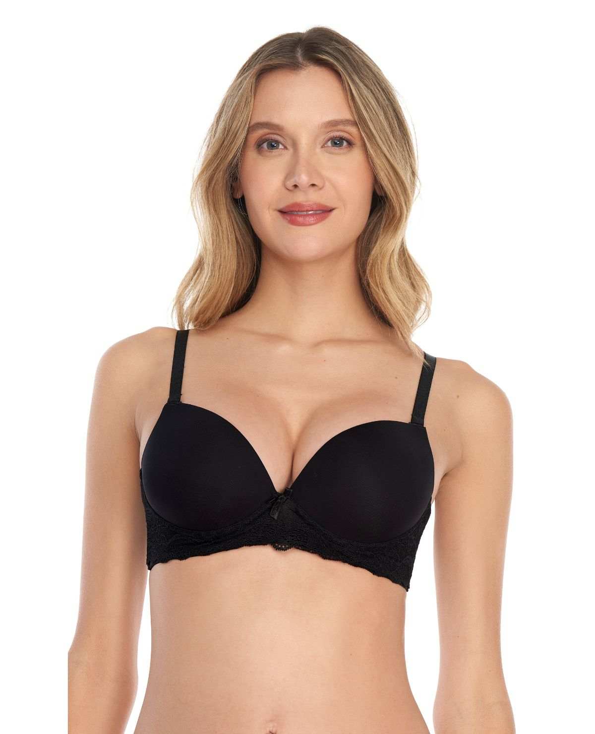 Brasier negro tipo strapples de cobertura media y base de encaje, con tiras ajustables multiposición