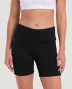 Short ciclista negro de tiro alto para mujer St. Even, con fajón ancho y bandas elásticas laterales decorativas.