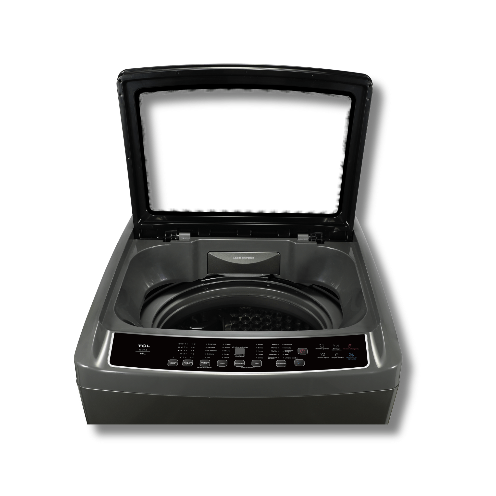 Lavadora TCL F318TLG 40 Libras Tambor Acero Inoxidable Tapa Vidrio Templado Gris