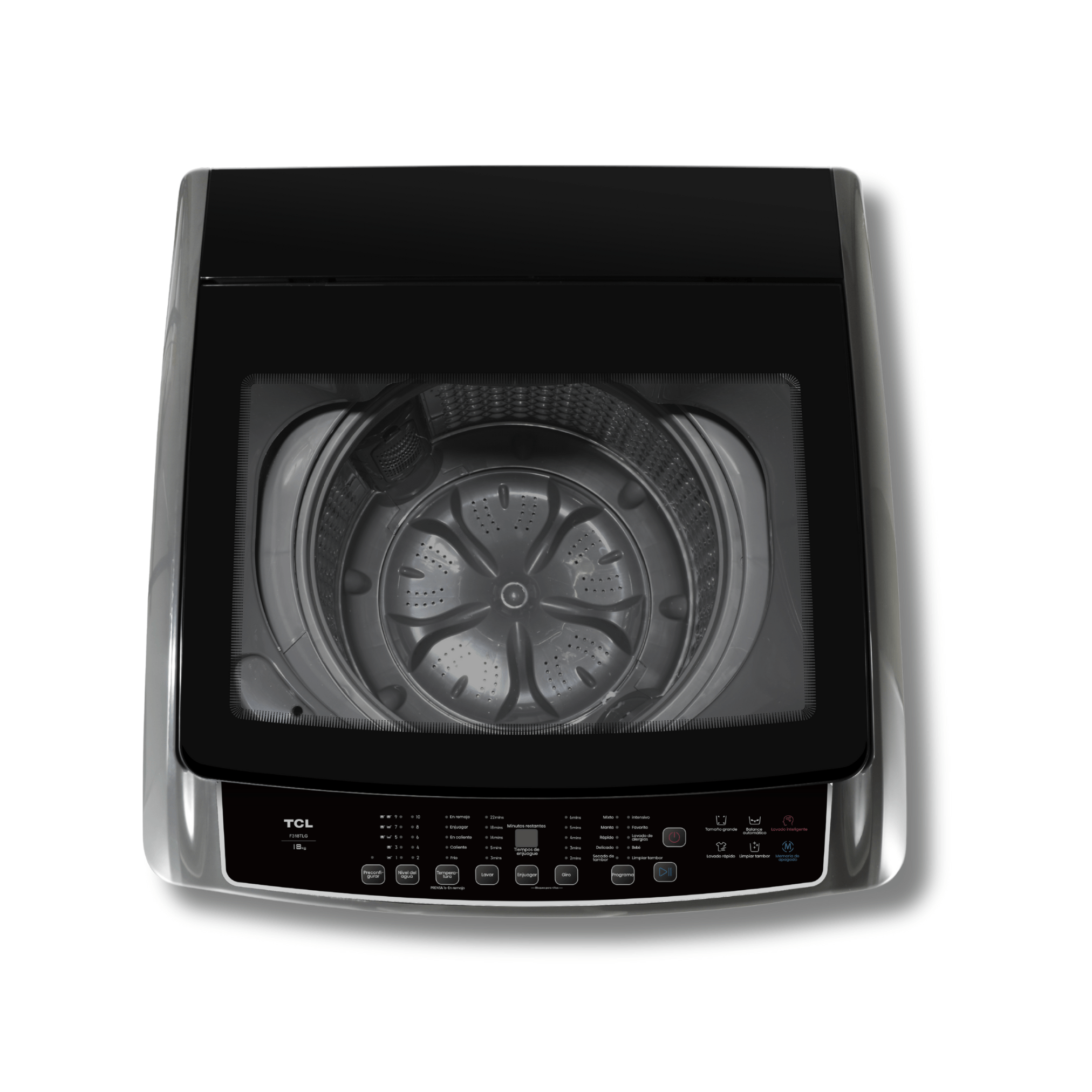 Lavadora TCL F318TLG 40 Libras Tambor Acero Inoxidable Tapa Vidrio Templado Gris