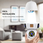 Cámara Doble Lente WiFi E27 – Seguridad Inteligente 3 Pantallas en Tiempo Real