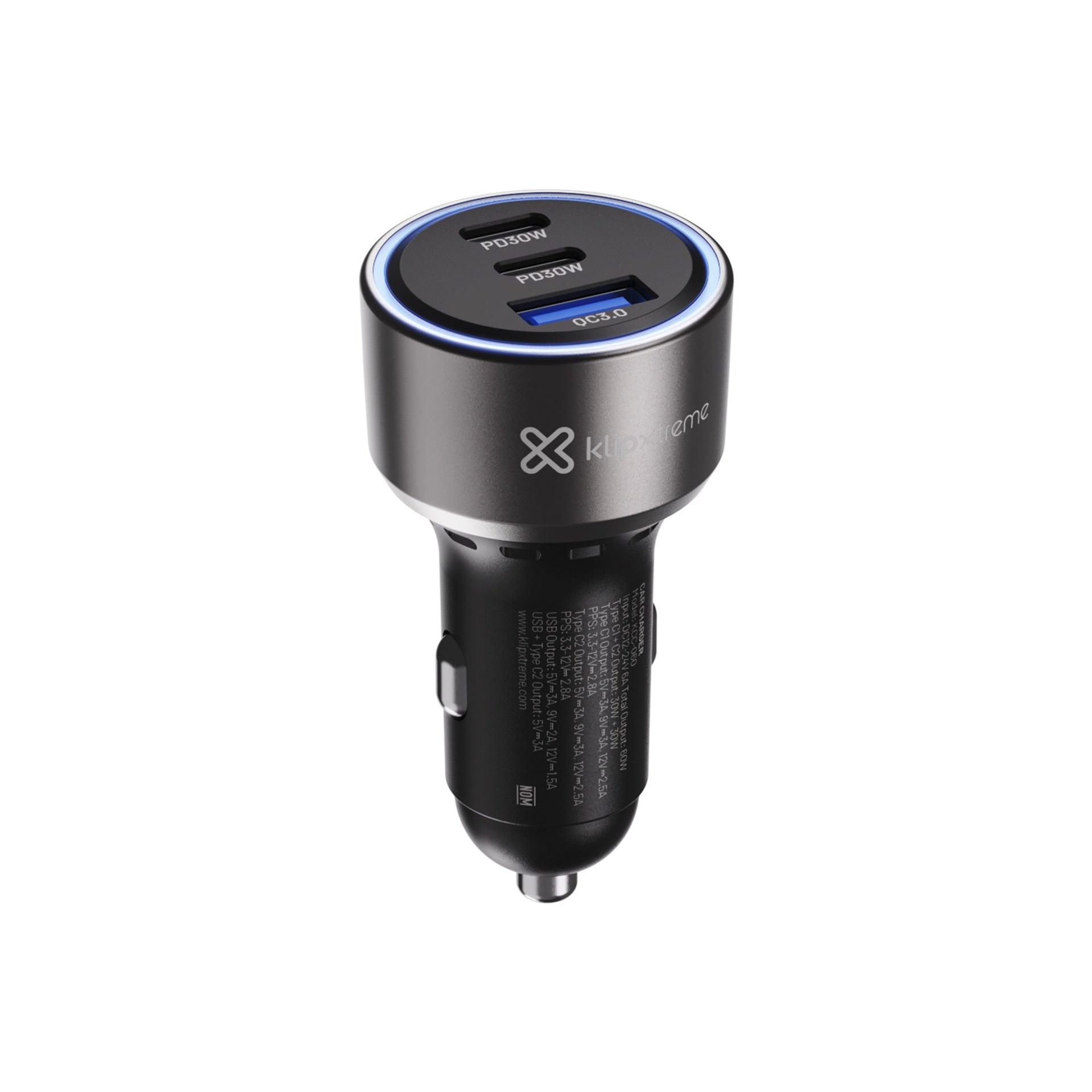 ADAPTADOR KLIPX CAR CHARGER 60W USBC PD30WUSBA QCBLACK