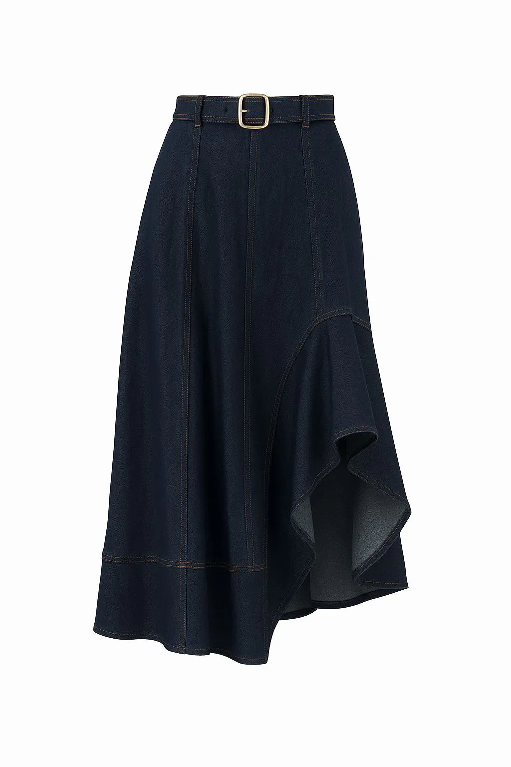 Falda midi con silueta fluida y corte asimétrico que aporta movimiento con cada paso. Incorpora cinturón con hebilla para ajustar en la cintura y costuras visibles que estilizan la figura. Un diseño versátil que combina elegancia y dinamismo en una sola prenda.