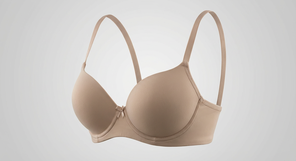Brasier Realce Natural St.Even beige. Sujetador de copa prehormada lisa con pequeño lazo, vista de 3/4 sobre fondo gris.