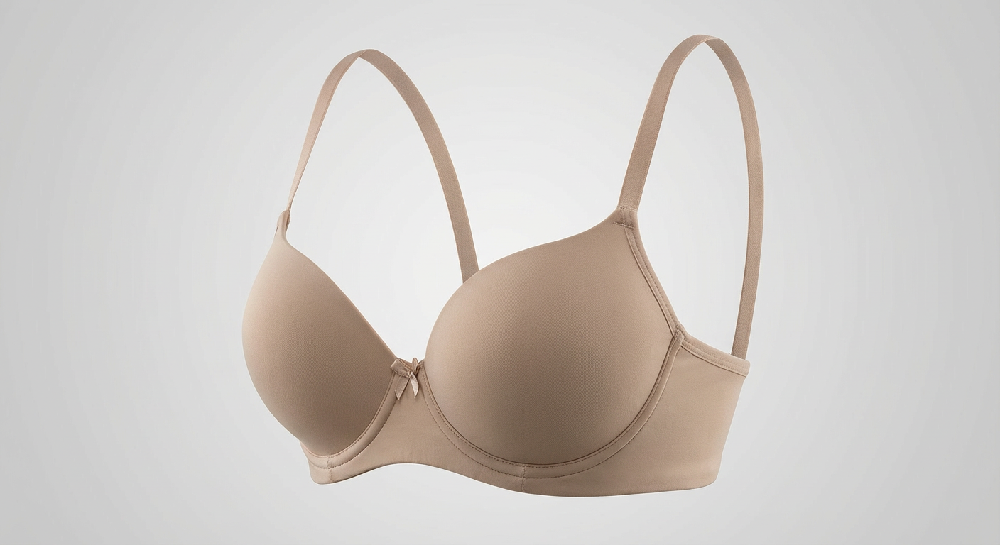Brasier Realce Natural St.Even beige. Sujetador de copa prehormada lisa con pequeño lazo, vista de 3/4 sobre fondo gris.